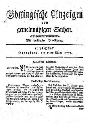 12tes Stück. Sonnabend, den 23ten März 1776.