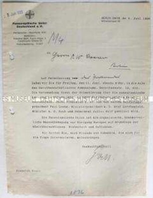 Rundschreiben der Paneuropäischen Union mit der Einladung zu einer Versammlung