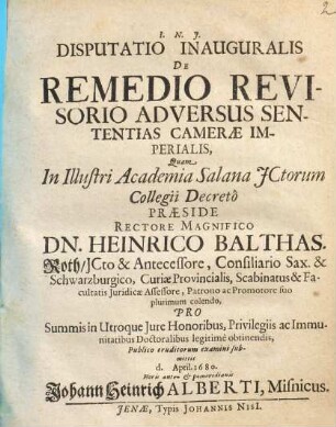 Disputatio inauguralis de remedio revisorio adversus sententias Camerae imperialis