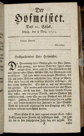 Das 10. Stück. Leipzig, den 8 Merz. 1751.
