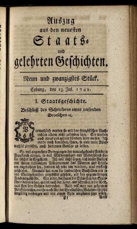 Neun und zwanzigstes Stück. Coburg, den 13. Jul. 1748.