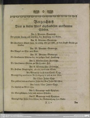 Verzeichniß Derer in diesem Werck abgehandelten unerkannten Sünden