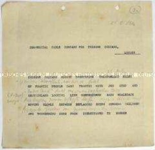 Abschrift eines Telegrammes des Auslandskorrespondenten James O'Donnell Bennett an den Journalisten Leo Winz über Frontereignisse während des Ersten Weltkrieges - Personenkonvolut (englisch)