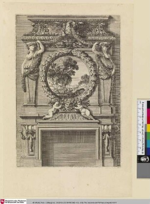 [Kaminentwurf mit einem Gemälde als Aufsatz flankiert von zwei weiblichen Hermen; Cheminée ornée d'un paysage dans un médaillon]