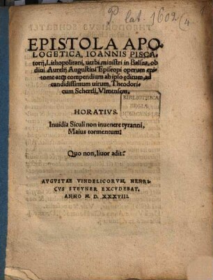 Epistola apologetica ... ob A. Augustini operum epitome
