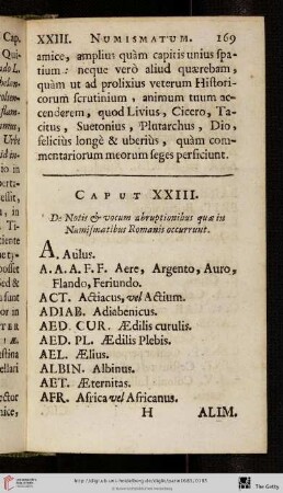 Caput XXIII: De Notis & vocum abruptionibus quae in Numismatibus Romanis occurrunt