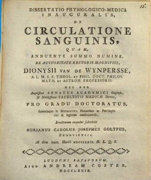 Diss. physiol.-med. inaug. de circulatione sanguinis