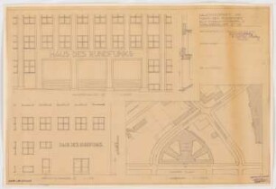 Haus des Rundfunks, Berlin-Charlottenburg: Fassadendetails Leuchtschrift Eingang Masurenallee, Eingang Privatstraße, Ansichten und Lageplan
