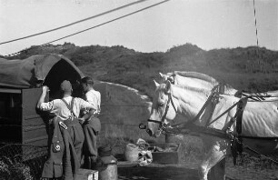 Zweiter Weltkrieg. Niederlande unter deutscher Besatzung. Angehörige der deutschen Wehrmacht beim Be- oder Entladen eines Fuhrwerkes in Dünen an der Nordsee (wohl bei Den Haag)