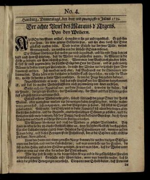 No. 4. Hamburg, Donnerstags, den drey und zwanzigsten Julius 1739.