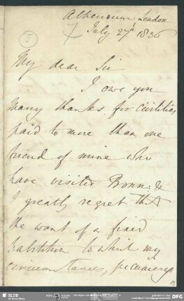 Eigenh. Brief von Thomas Peregrine Courtenay an August Wilhelm von Schlegel, London, 27.07.1836