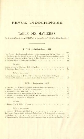 Table des matières contenues dans le tome XVIII de la nouvelle série (juillet-décembre 1912)