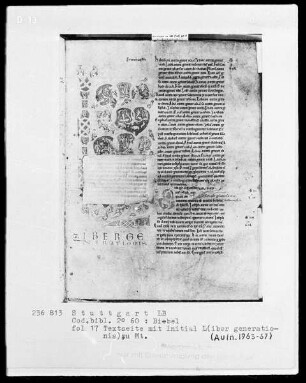 Bibel — Initiale L (iber generationis), darin Männerköpfe, Tiere und kleine Szenen, Folio 17recto