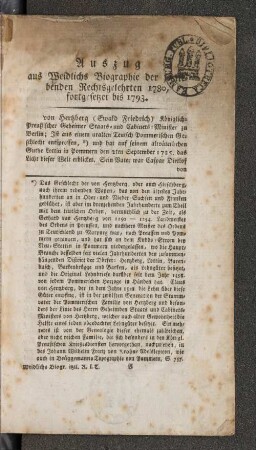 Auszug aus Weidlichs Biographie der jetztlebenden Rechtsgelehrten 1780, fortgesetzet bis 1793.