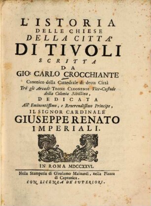 L' Istoria Delle Chiese Della Città Di Tivoli