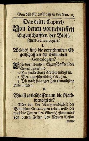 Das dritte Capitel. Von denen vornehmsten Eigenschafften der Biblischen Genealogien.