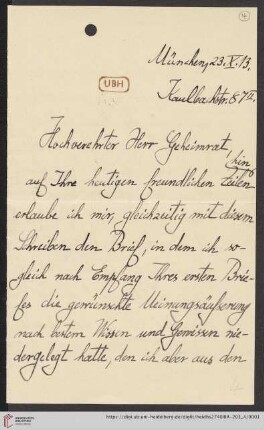 Korrespondenz Rudolf Unger / Heinrich Rickert: Brief von Rudolf Unger an Heinrich Rickert