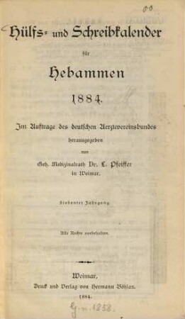 Hülfs- und Schreibkalender für Hebammen. 7. 1884