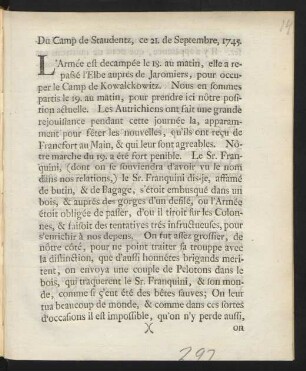 Du Camp de Staudentz, ce 21. de Septembre, 1745