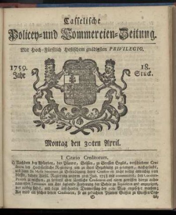 18. Stueck, Montag den 30ten April 1759