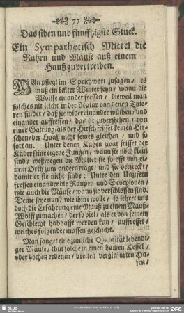 Das siben und fünfftzigste Stuck. Ein Sympathetisch Mittel die Ratzen und Mäuse auß einem Hauß zuvertreiben