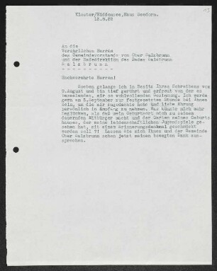 Brief von Gerhart Hauptmann an Fürstlich Plessische Badedirektion , Ober Salzbrunn / Bürgermeister