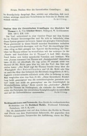 581 [Rezension] Steuer, Günther, Studien über die theoretischen Grundlagen der Zinslehre bei Thomas v. Aquin