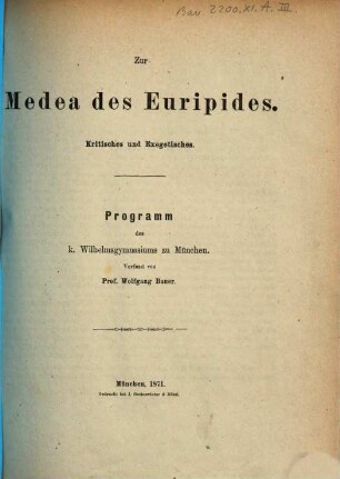 Zur Medea des Euripides : Kritisches und Exegetisches