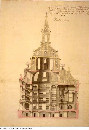 Dresden, Frauenkirche. Schnitt (1726; Feder, Tusche, farbig angelegt; 741 x 532 mm). Aus: Plans et elevations des differentes eglises, Arch. 263, Blatt 14