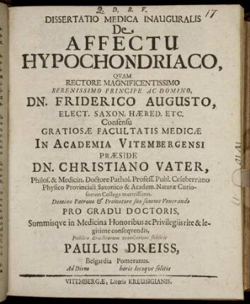 Dissertatio Medica Inauguralis De Affectu Hypochondriaco