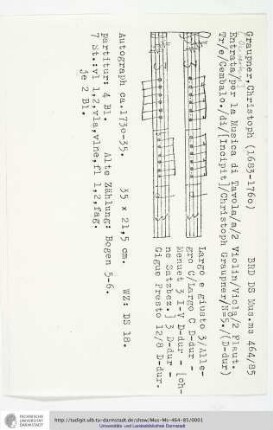 Entrata / per la Musica di Tavola / a / 2 Violin / Viola / 2 Flaut. Tr / e / Cembalo. / di / [Incipit] / Christoph Graupner / No 5.