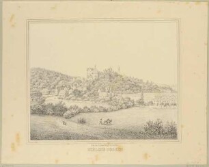 Das Schloss in Nossen in Sachsen von Nordosten über Felder und die Häuser im Muldental gesehen, im Vordergrund ein pflügender Bauer
