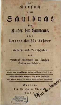 Versuch eines Schulbuchs für Kinder der Landleute, oder Unterricht für Lehrer in niedern und Landschulen