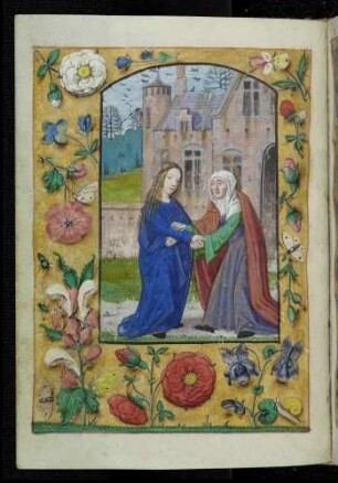 Miniatur-Seite: (Laudes) Heimsuchung; Trompe l'oeil-Rahmen mit Blütenzweigen und Insekten