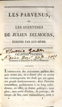 Les Parvenus, Ou Les Aventures De Julien Delmours, Écrites Par Lui-Même, 1
