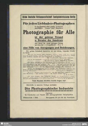 Werbung: Photographie für Alle, Union Deutsche Verlagsgesellschaft Zweigniederlassung Berlin