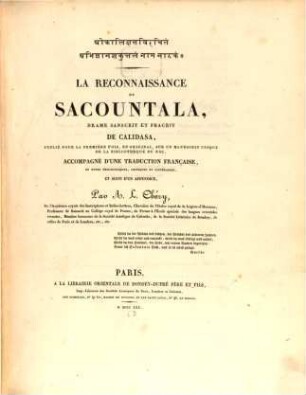 La reconnaissance de Sacountala : Drame Sanscrit et Pracrit de Calidasa