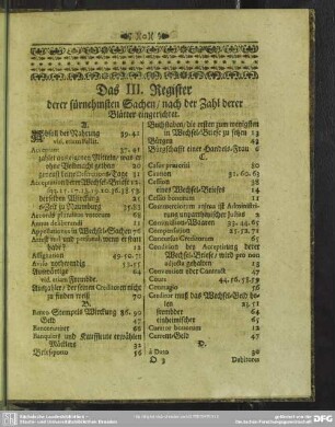 Das III. Register, derer fürnehmsten Sachen, nach der Zahl derer Blätter eingerichtet