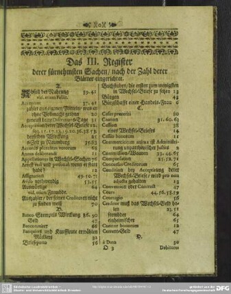 Das III. Register, derer fürnehmsten Sachen, nach der Zahl derer Blätter eingerichtet