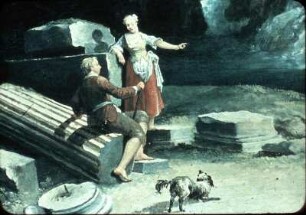 Paar mit Hund vor einem antiken Tempel