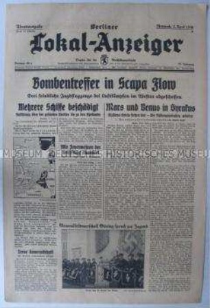 Tageszeitung "Berliner Lokal-Anzeiger" u.a. zur Radioansprache von Generalfeldmarschall Göring an die Jugend