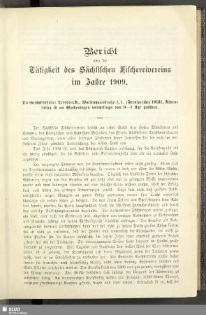 Bericht über die Tätigkeit des Sächsischen Fischereivereins im Jahre 1909