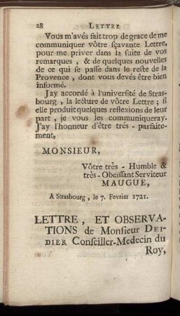 Lettre, Et Observations de Monsieur Deidier Conseiller-Medecin du Roy, ...