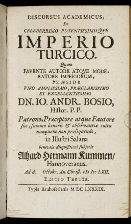 Discursus Academicus, De Celeberrimo Potentissimoque Imperio Turcico