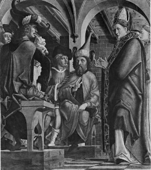 Kirchenväteraltar — Vier Szenen aus der Legende des heiligen Wolfgang — Disputation des heiligen Wolfgang