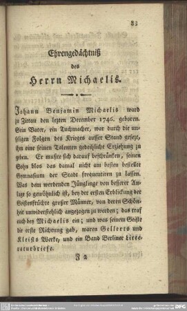 Ehrengedächtniß des Herrn Michaelis