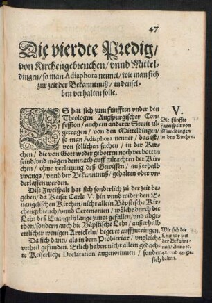 Die vierdte Predig/ von Kirchengebreuchen/ unnd Mitteldingen/ so man Adiaphora nennet ...