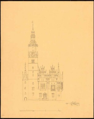 Rathaus, Breslau Umbau: Aufriss der Ostfassade, Maßstabsleiste