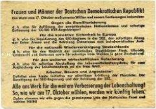 Propaganda-Handzettel der KgU für die Bevölkerung der DDR mit der Aufforderung, bei der Volkskammerwahl 1954 mit "Nein" zu stimmen