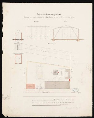 Berliner Molkerei Aktien-Gesellschaft, Berlin-Kreuzberg Heuscheune und Wagenhaus: Lageplan, Heuscheune: Grundriss, Querschnitt 1:200, Wagenhaus: Grundriss, Ansicht, Querschnitt 1:100